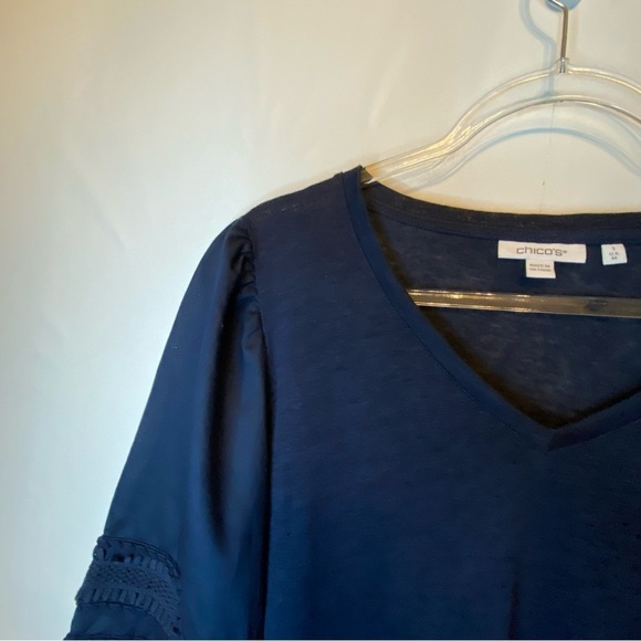 Chico’s V-Neck Blue Bishop Sleeve Linen Size1(med)Blouse - Picture 6 of 10